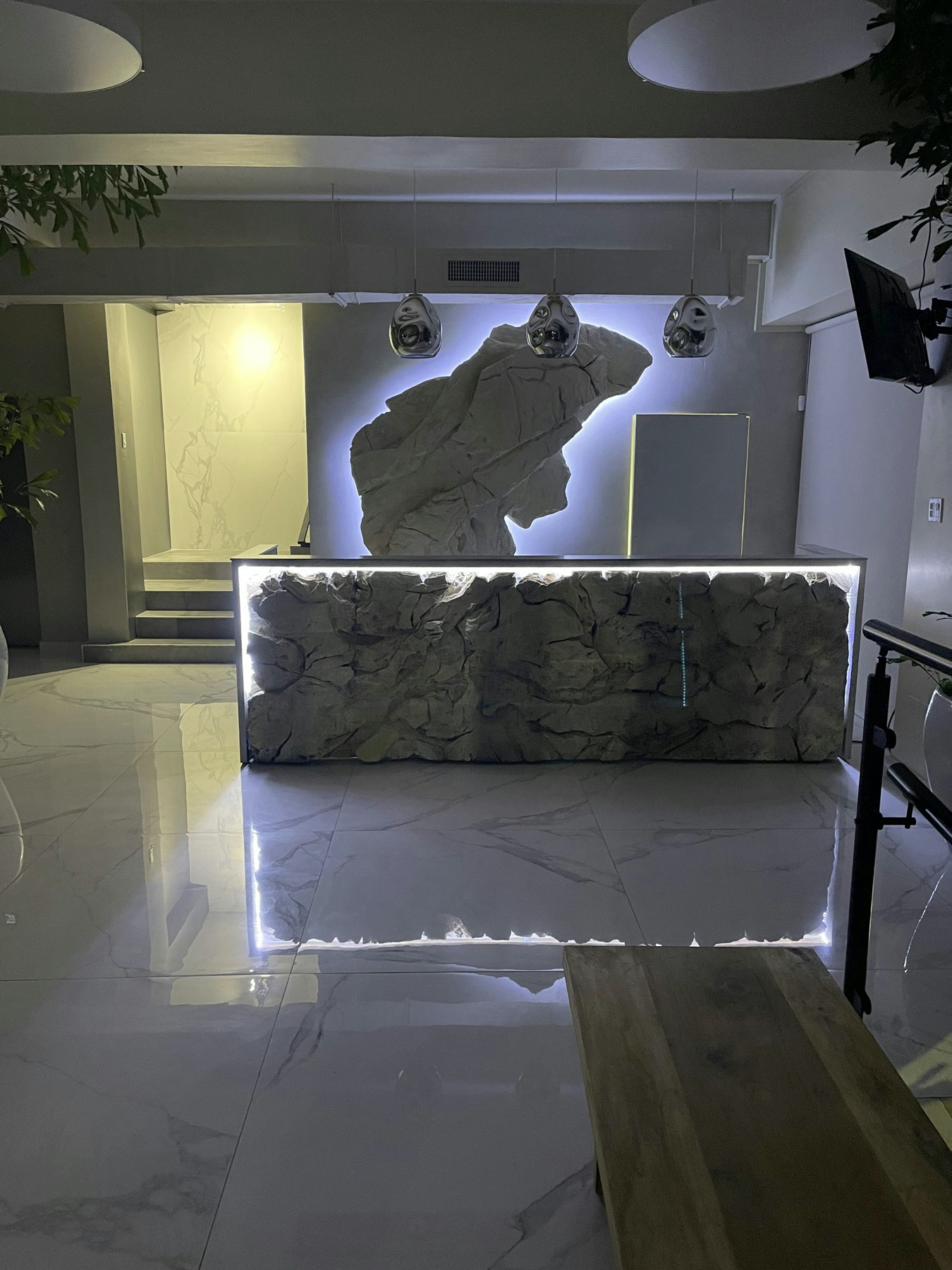 Backlit sculptural wall and rockface reception desk in the completed lobby